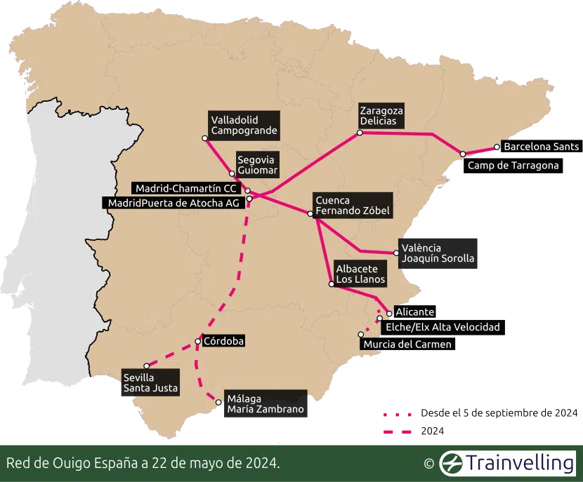 Red de Ouigo España en mayo de 2024